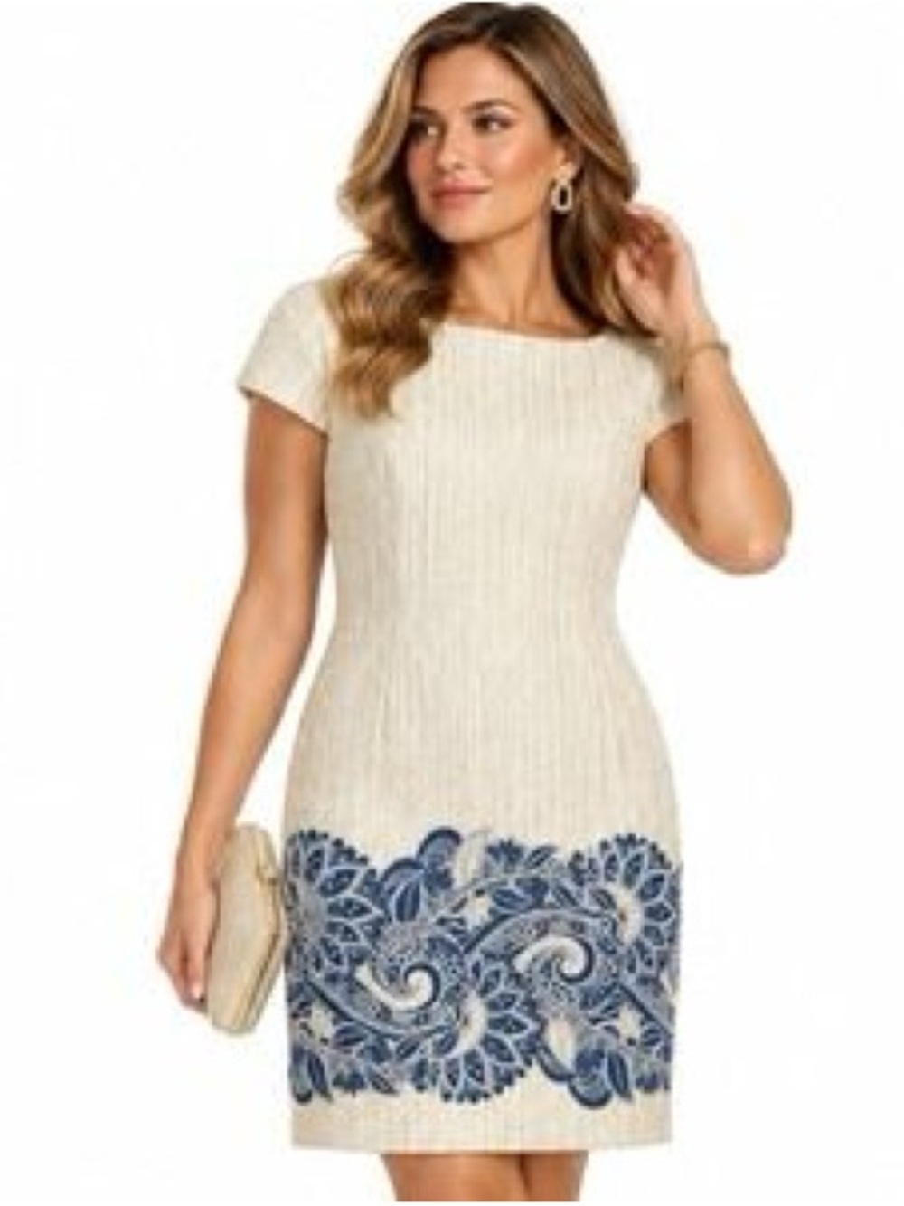 NWT Vince Camuto Cream Metallic Blue Floral Embroidered Sheath Dress Size 14